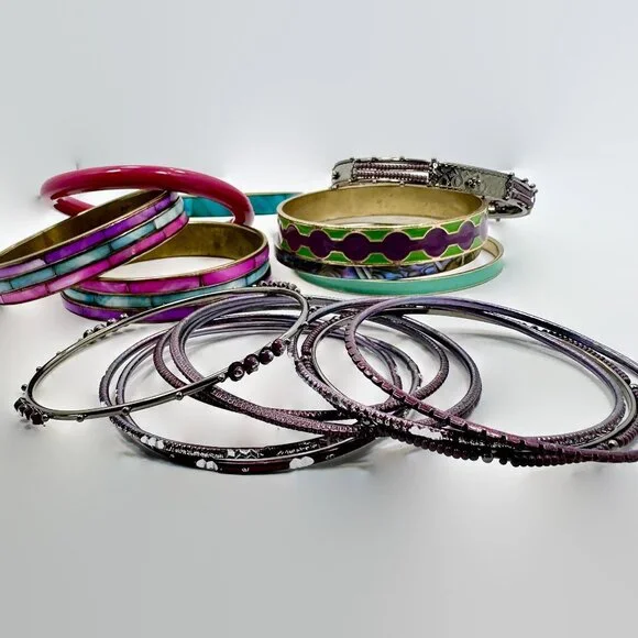 Boho Bangle Bracelet Stack: Vintage India Enamel & Shell Set (17pc) - Picture 3 of 5